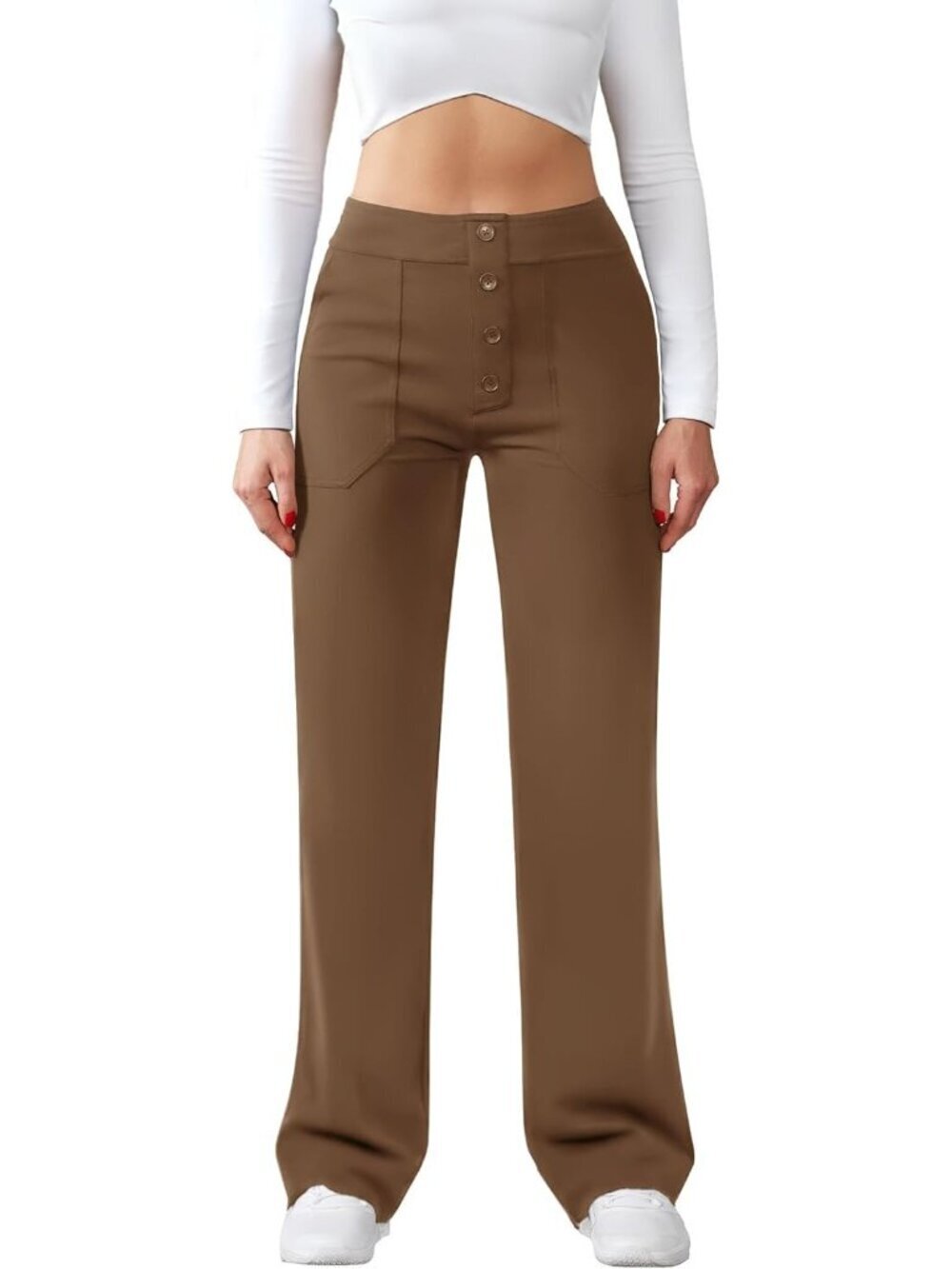 Women's New Brown Casual High Waist Straight Leg Stretchy Button Dress Pants